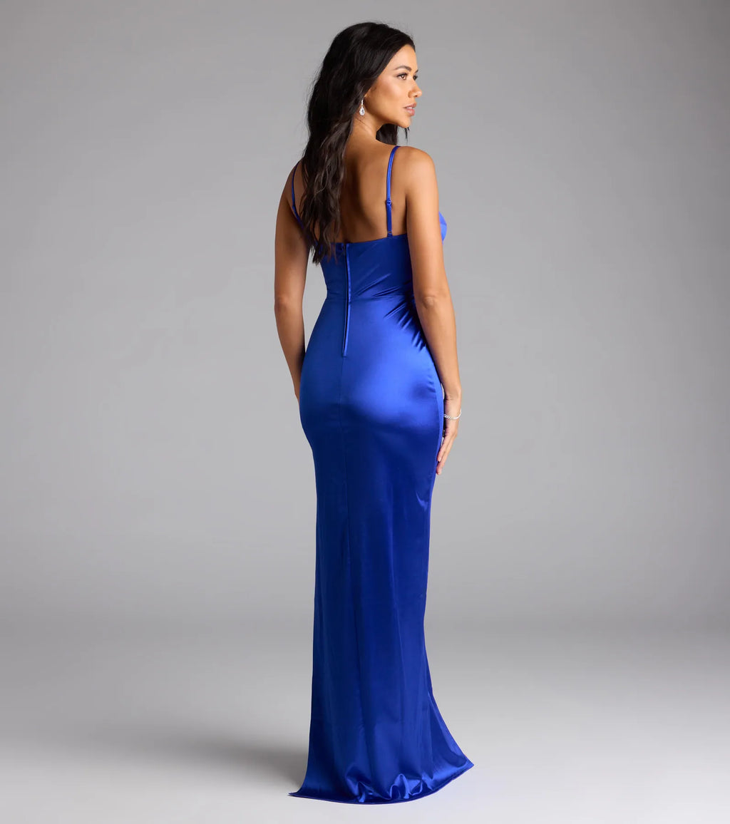 Iliana Cowl Neck High Slit Satin Column Dress