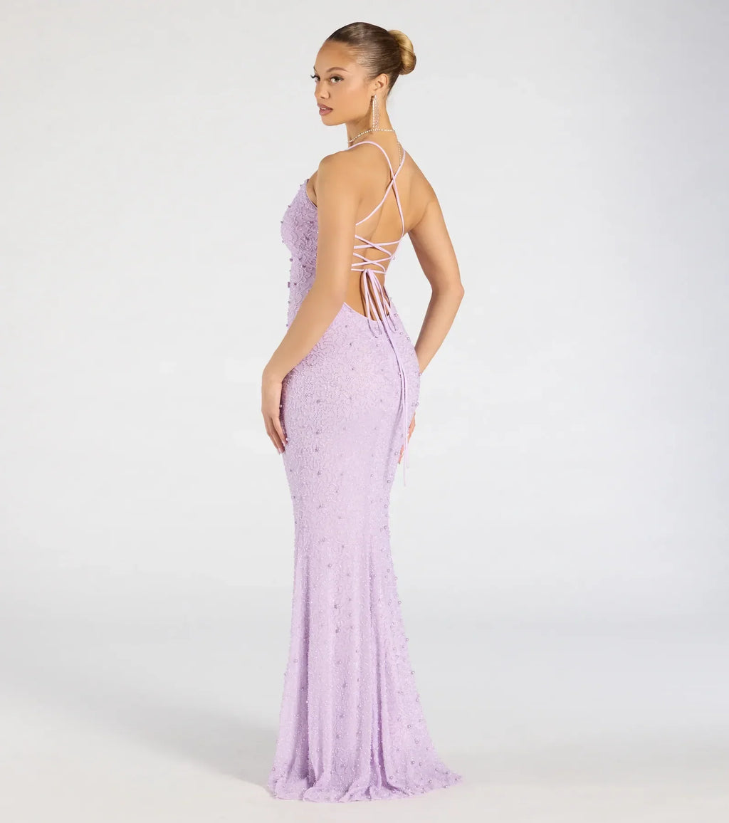 Marlene Lace-Up Mermaid Beaded Pearl Formal Dress