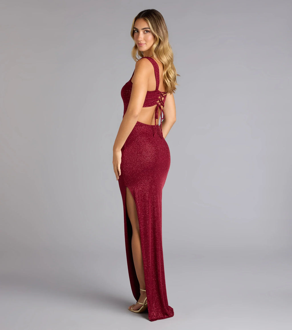 Brittney Lace-Up Slit Bodycon Glitter Formal Dress