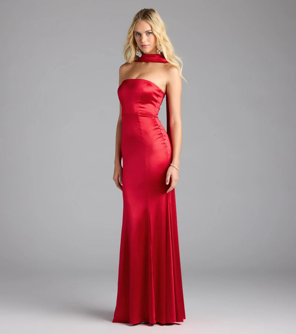 Santana Strapless Scarf Mermaid Satin Formal Dress