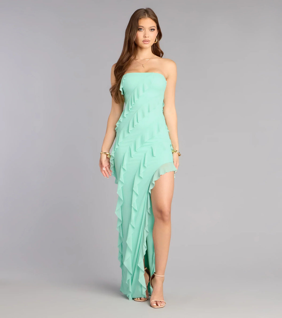 Gabby Formal Mesh Strapless Ruffle Long Dress