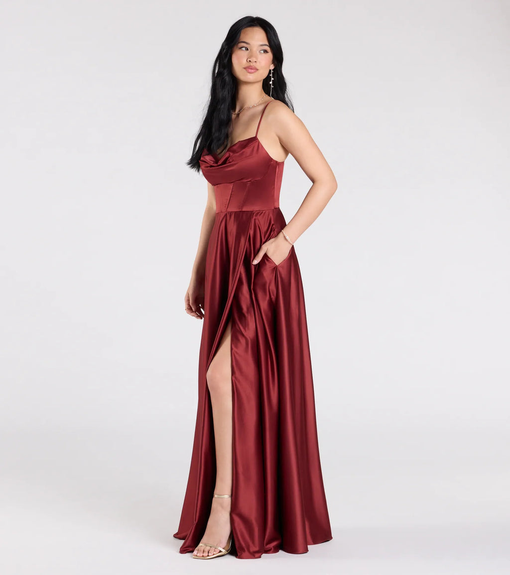 Marcella A-Line Slit Satin Formal Dress