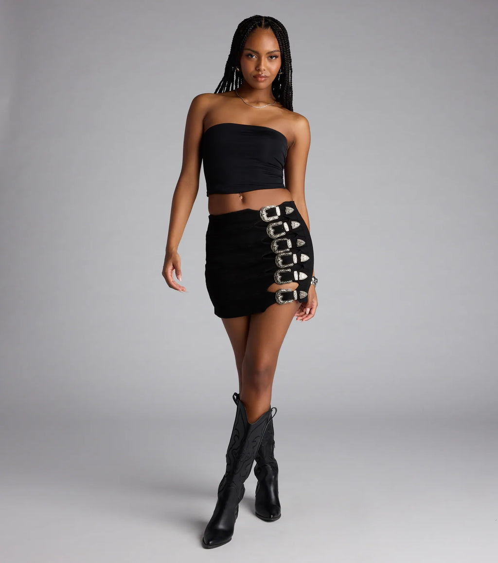 Buckle Down High-Rise Denim Skort
