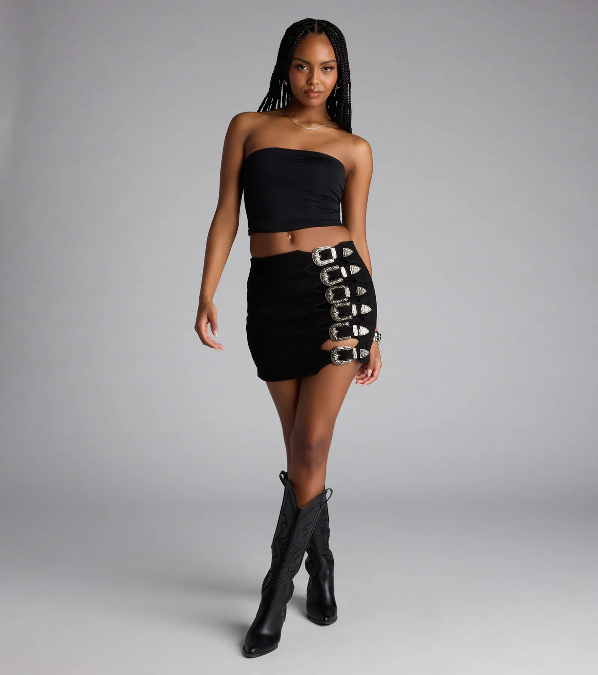 Buckle Down High-Rise Denim Skort
