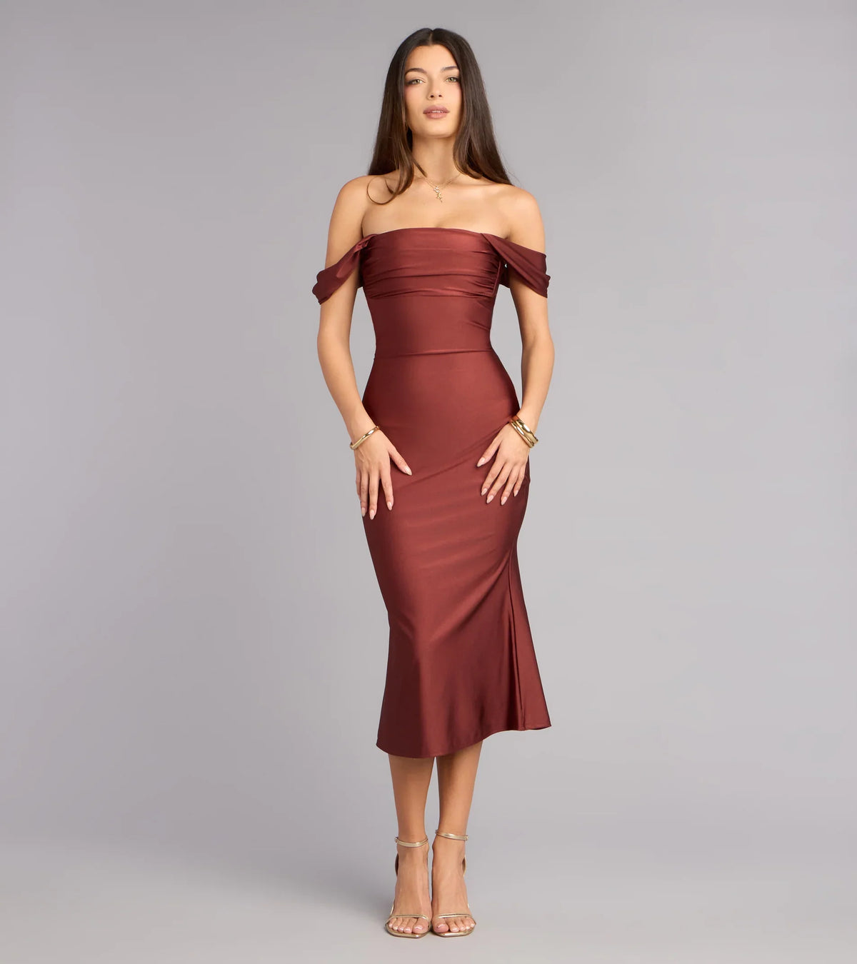 Exceptional Off-The-Shoulder Flared Midi Dress