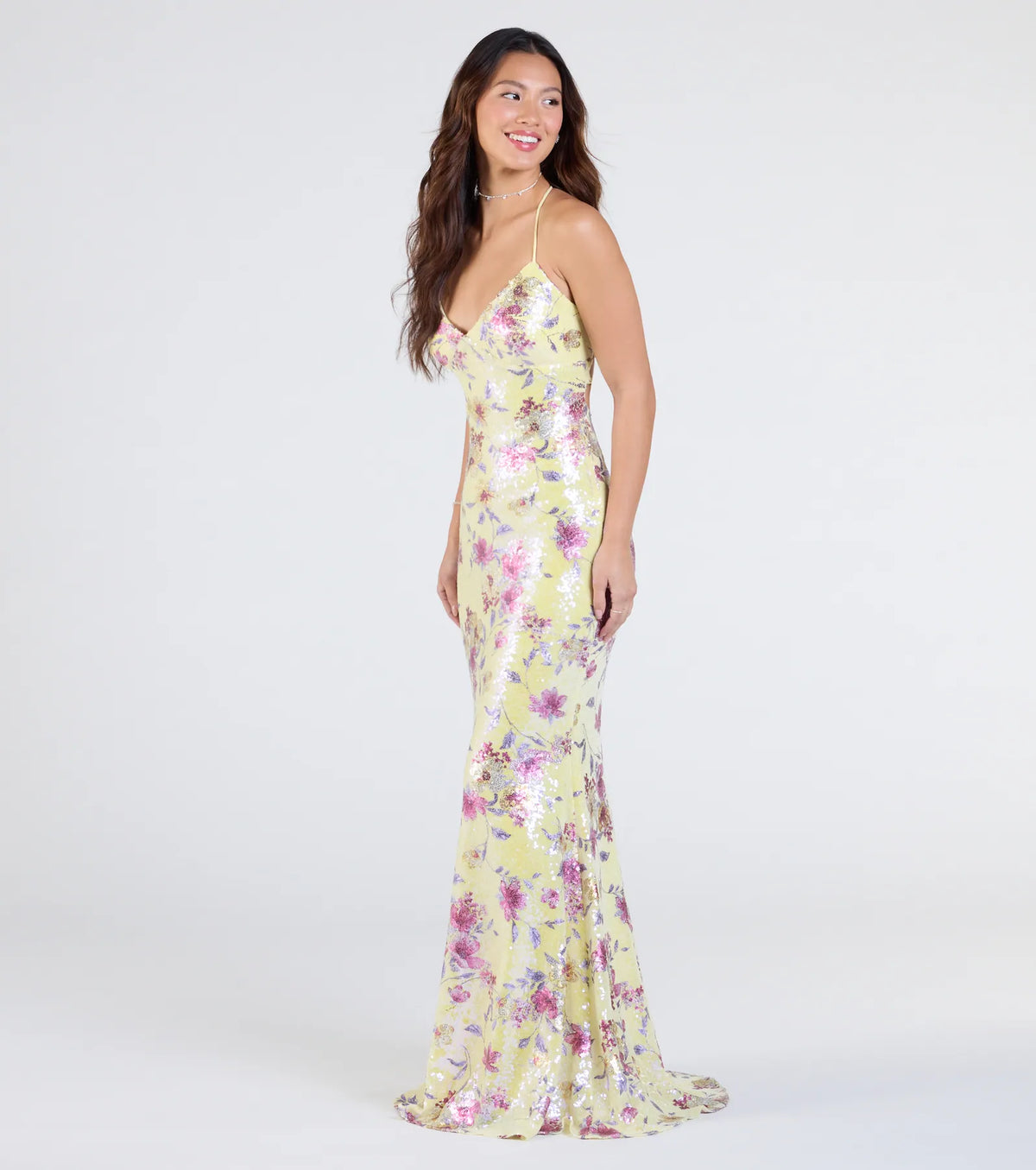 Sierra Lace-Up Floral Sequin Formal Dress