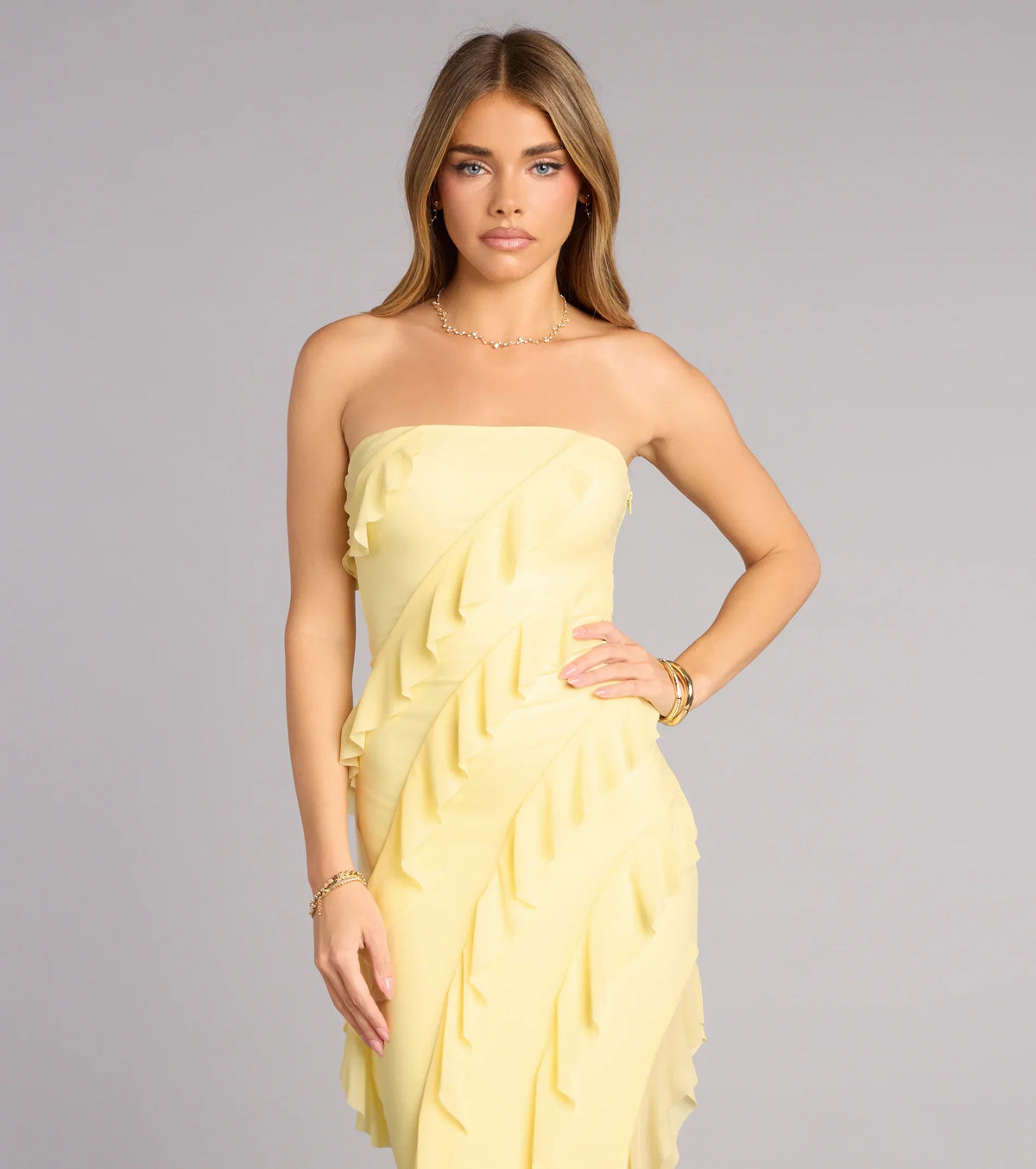 Gabby Formal Mesh Strapless Ruffle Long Dress