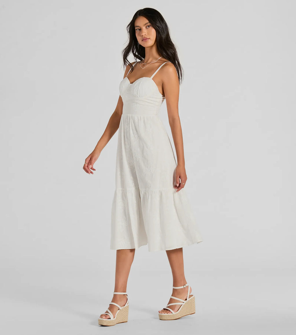 Playful Summer Sweetheart Ruffled Eyelet Midi Dress