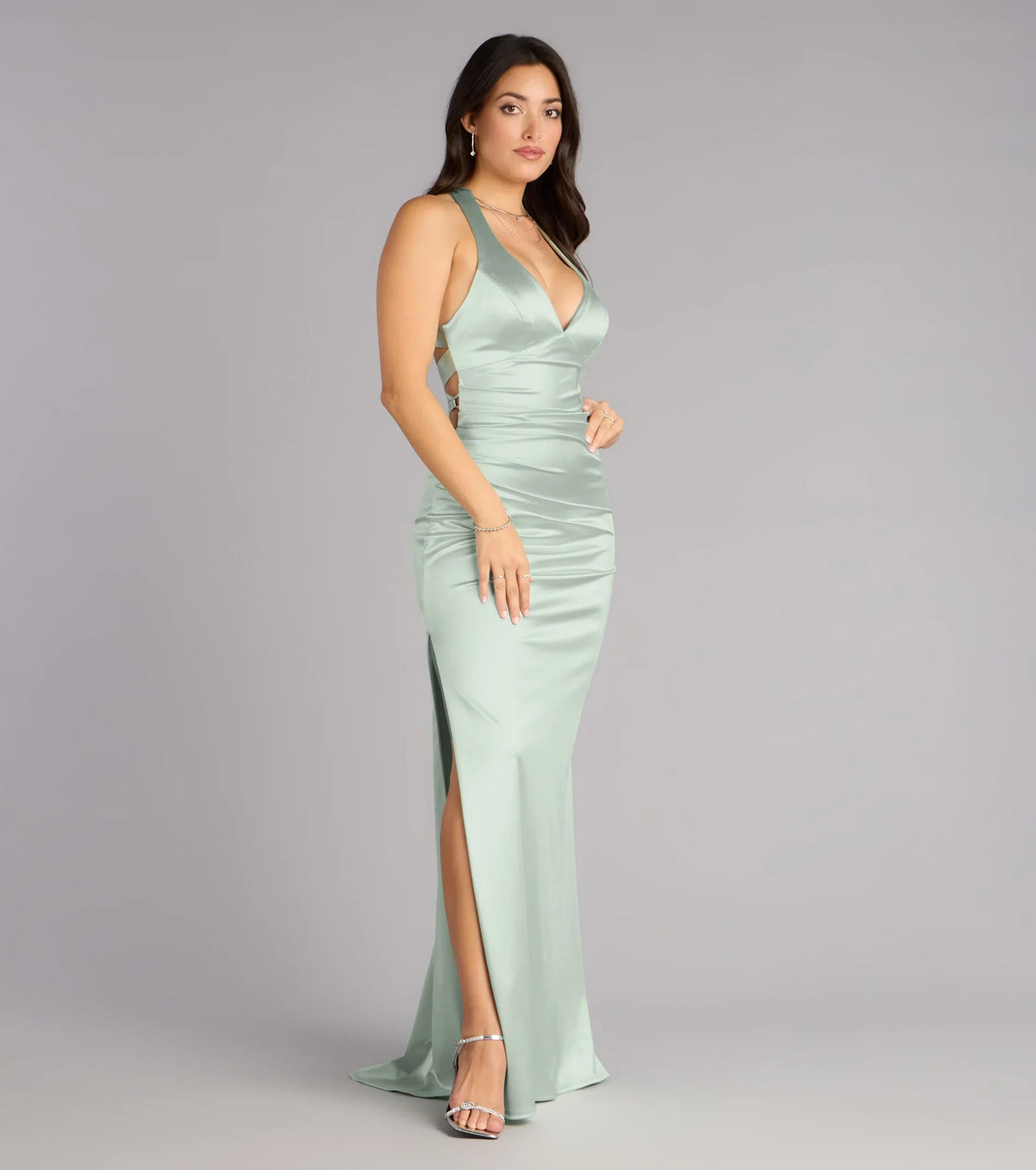 Jamie Lace-Up Satin Formal Column Dress