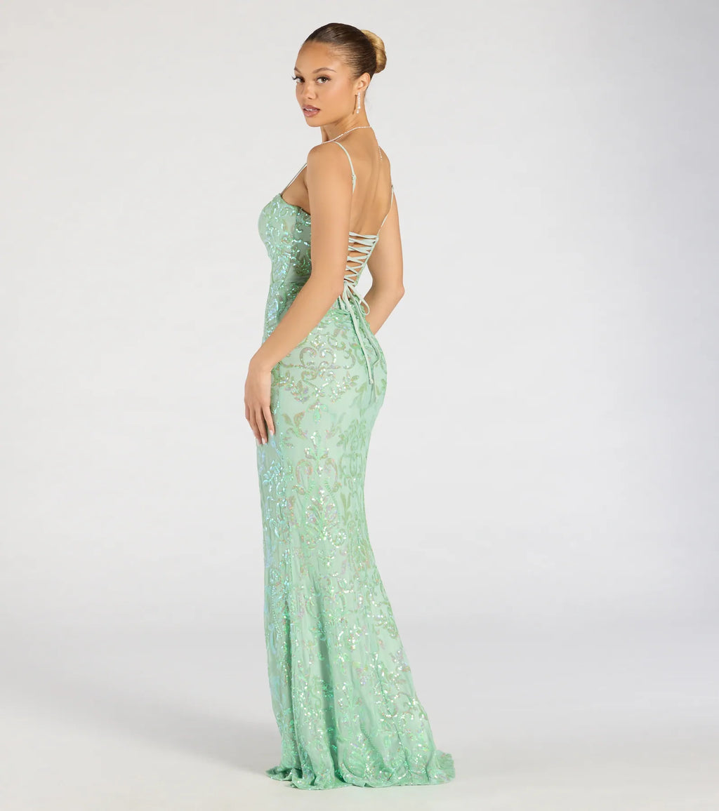 Celina Sequin Lace-Up High Slit Mermaid Dress