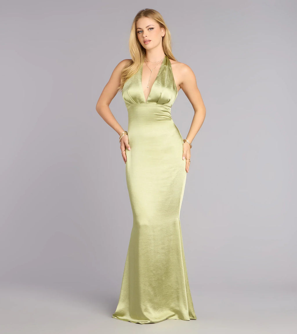 Erika Halter Satin Column Formal Dress