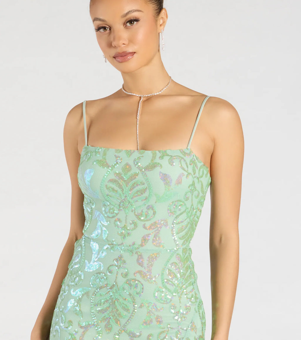 Celina Sequin Lace-Up High Slit Mermaid Dress