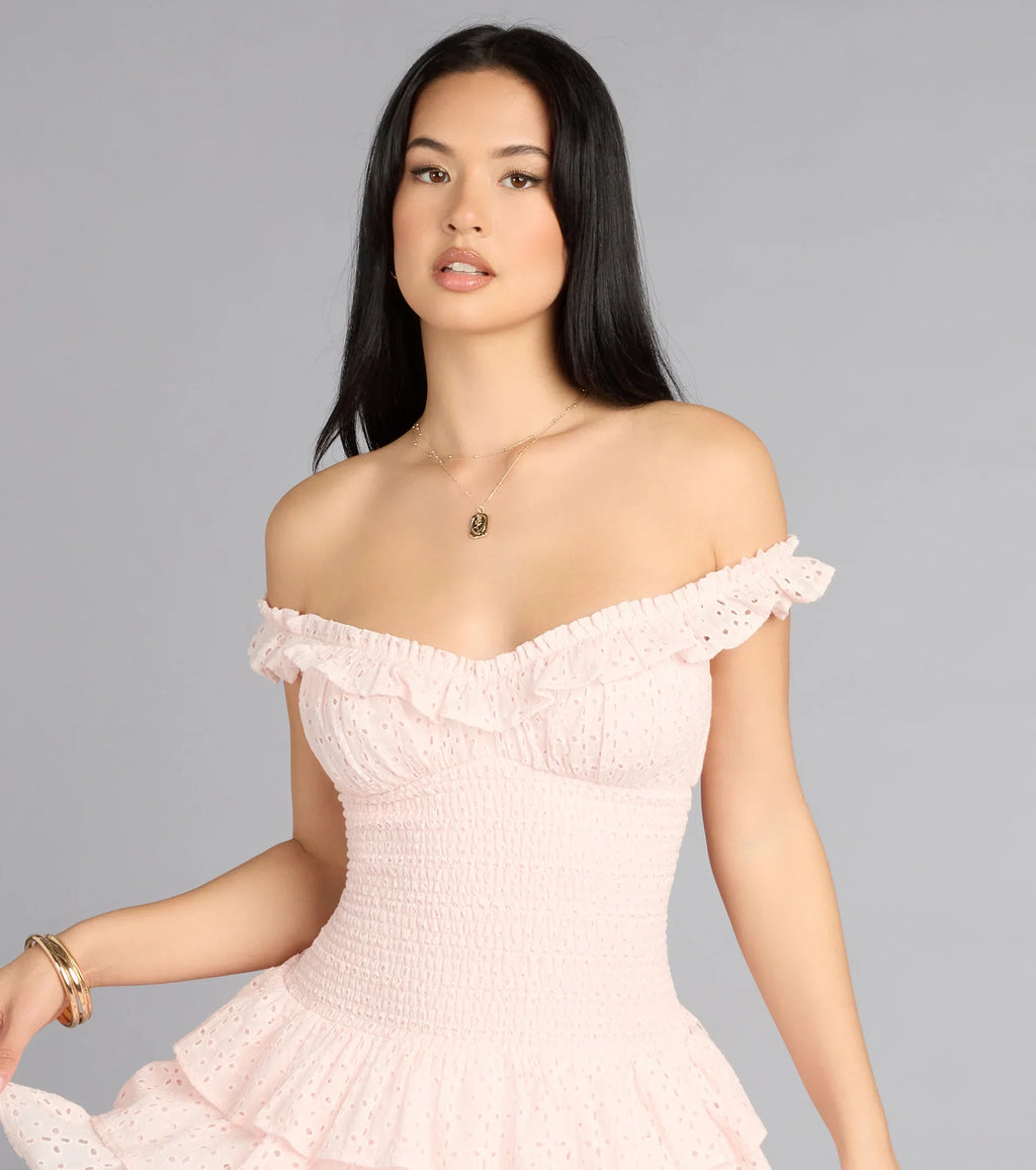 Sweet Plans Eyelet Off-The-Shoulder Skater Dress