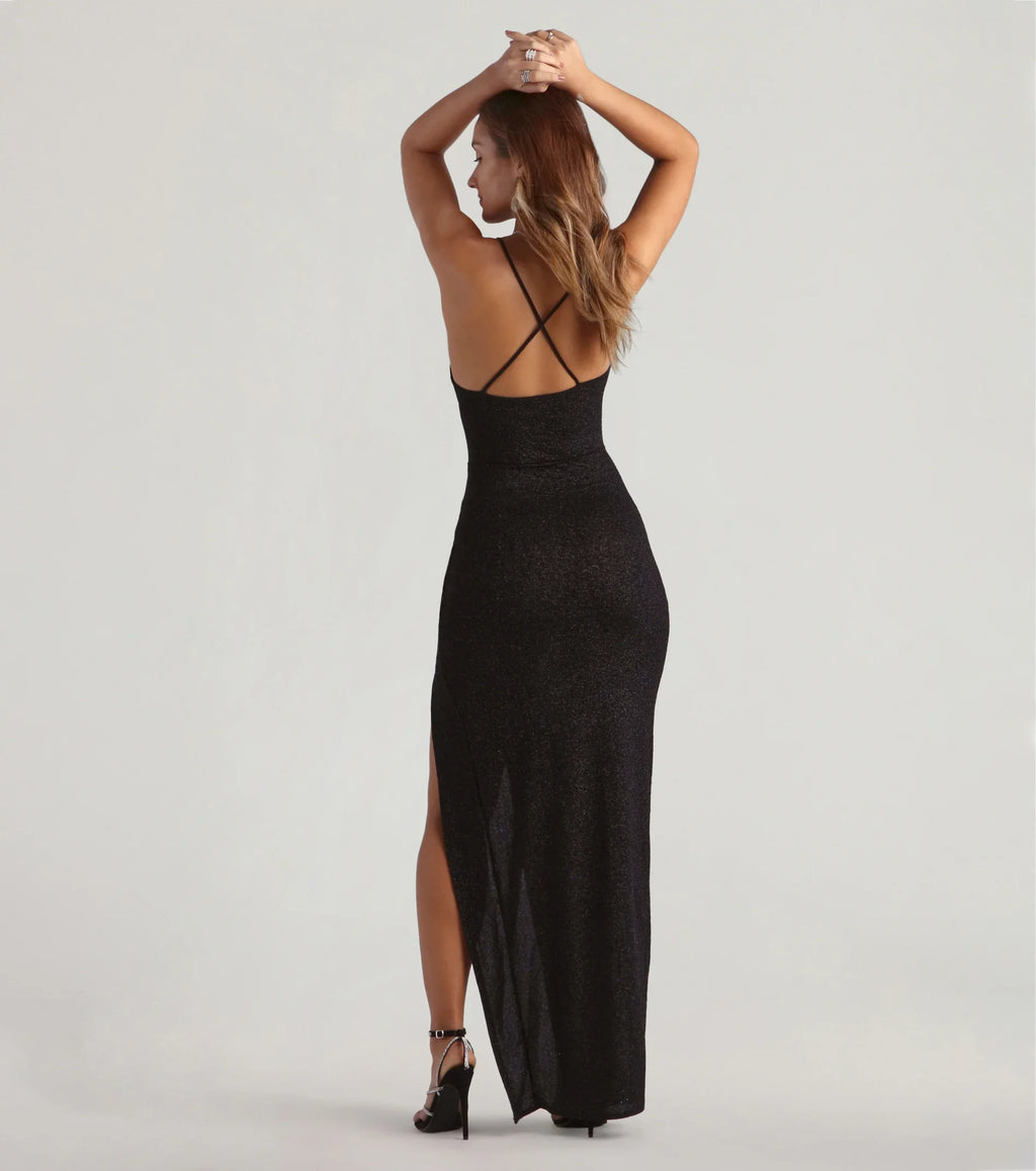 Amirah Formal Glitter Cowl Neck Column Dress