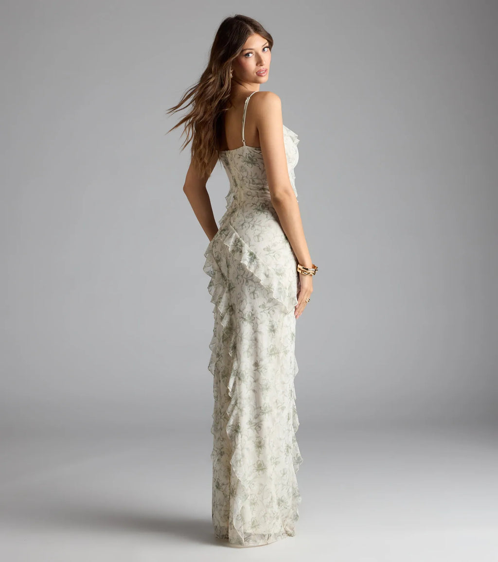 Diana V-Neck Mermaid Floral Ruffle Formal Dress