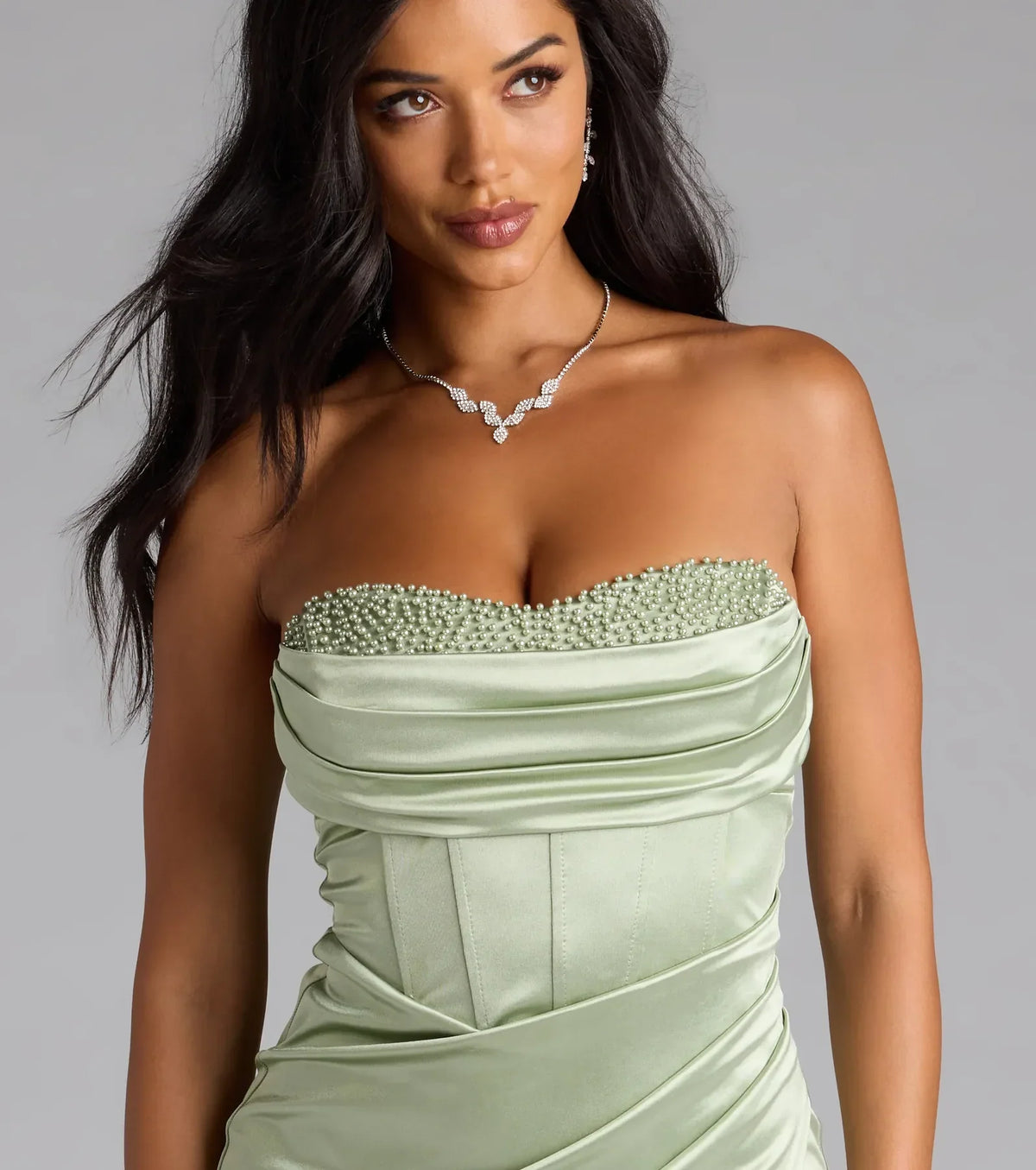 Loren Pearl Corset Slit Satin Formal Dress