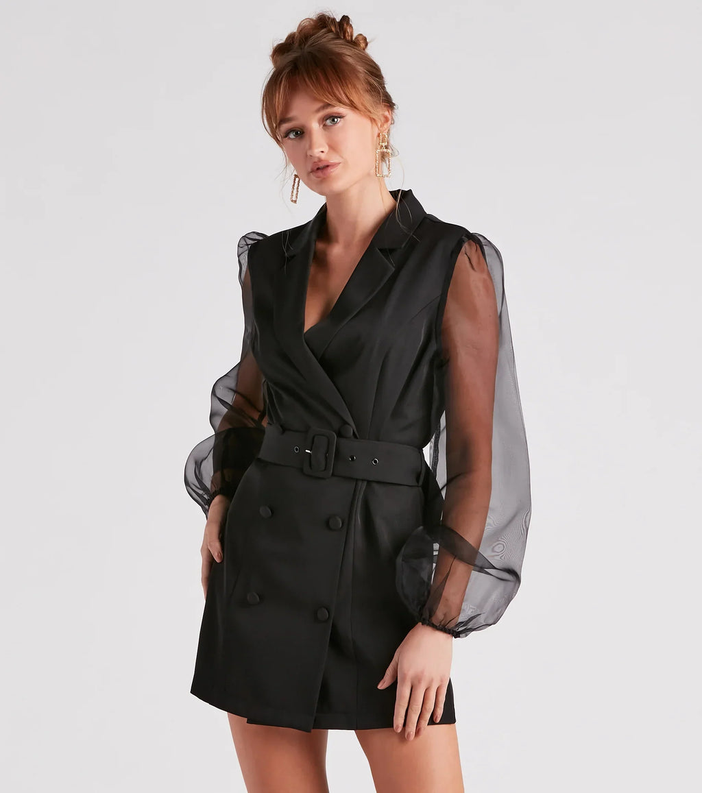 Chic And Fab Sheer Sleeve Blazer Dress