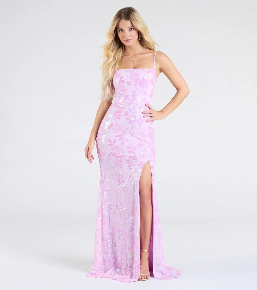 Kimber High Slit Floral Sequin Mermaid Dress