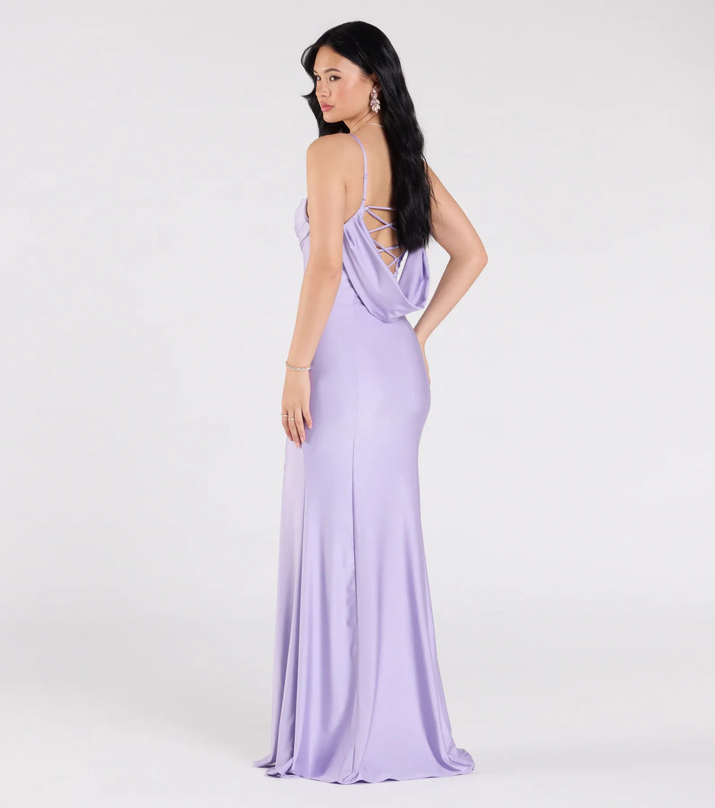 Lizzie Lace-Up Cowl Back Slit Formal Dress