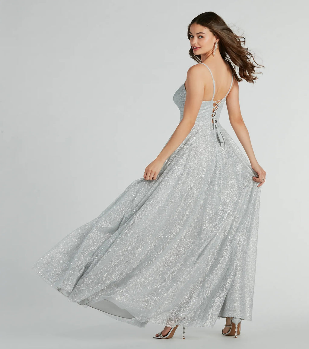 Kira Lace-Up Glitter Tulle A-Line Formal Dress