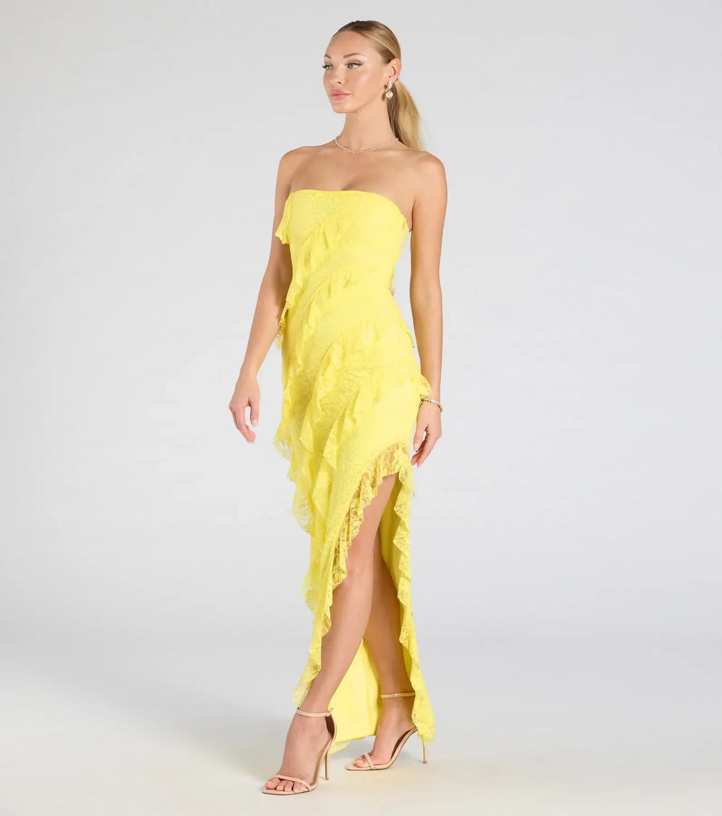 Kellie Strapless Ruffled Slit Lace Formal Dress