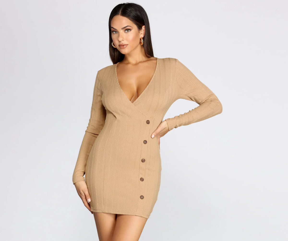 Beautifully Buttoned Ribbed Sweater Dress