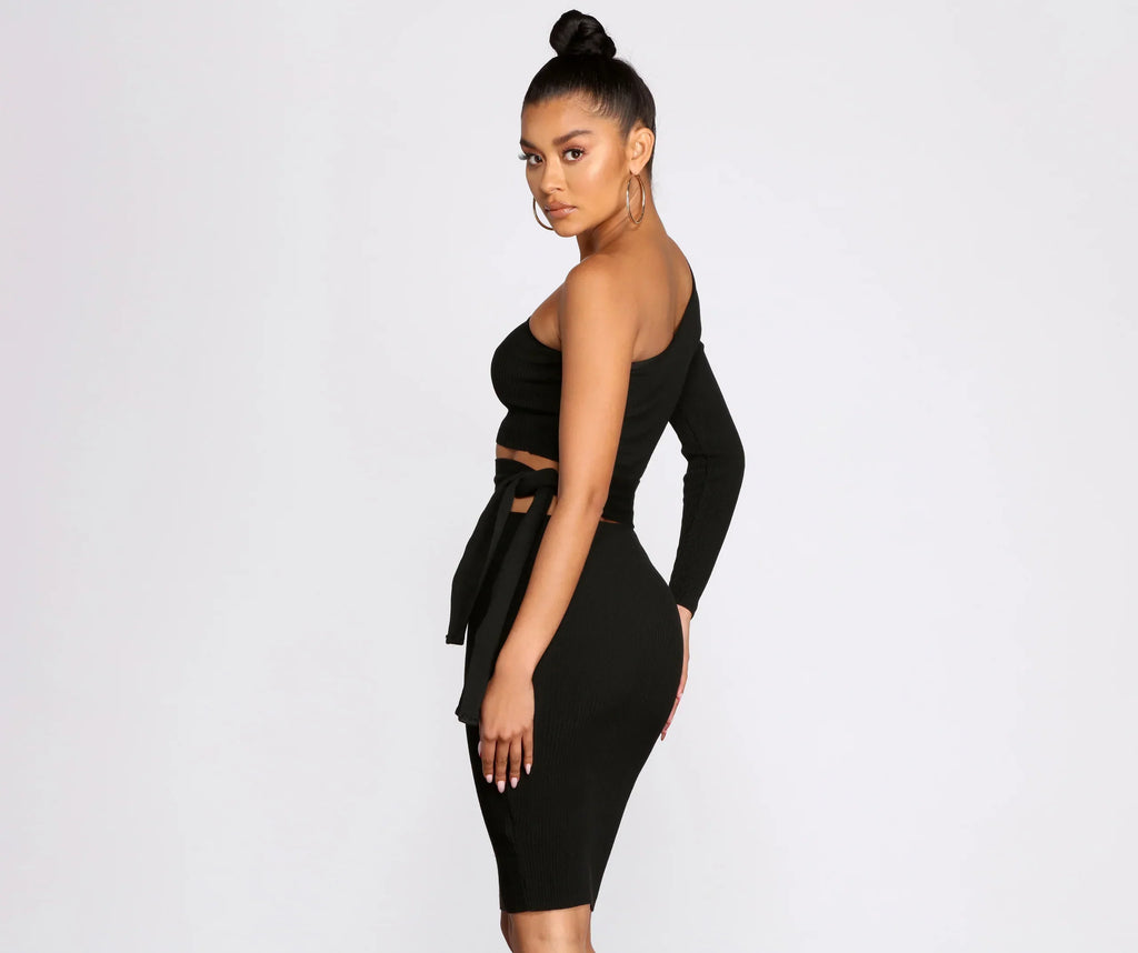 One Of A Kind One Shoulder Knit Midi Dress