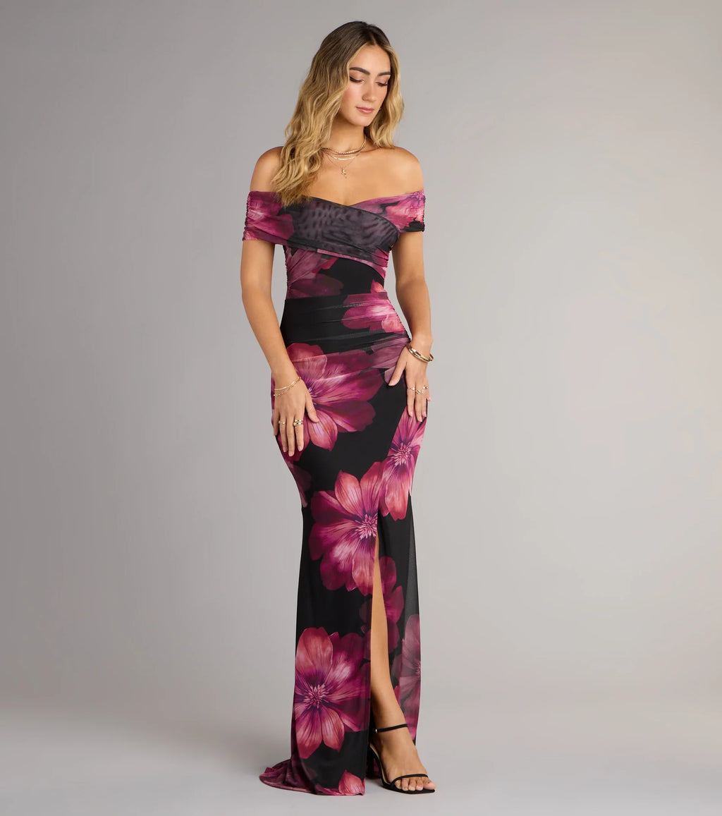 Cornelia Off-The-Shoulder Slit Floral Formal Dress