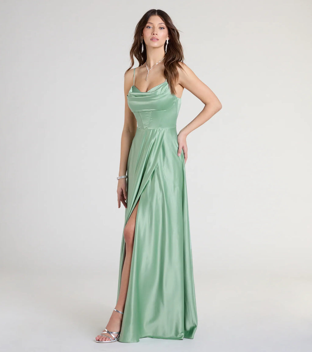 Marcella A-Line Slit Satin Formal Dress