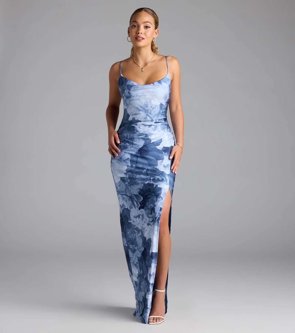Isa Floral Cowl Neck Slit Formal Dress