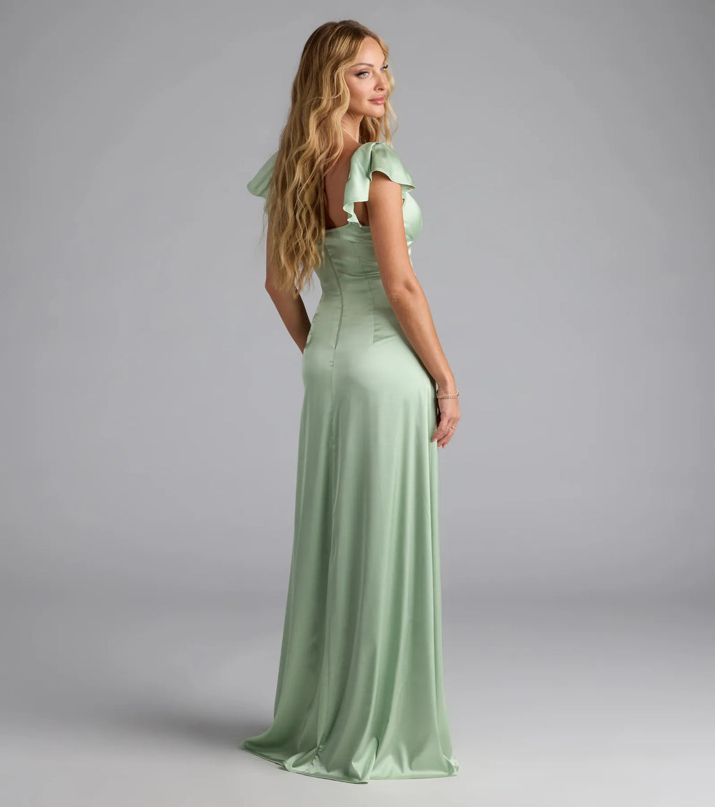 Olessa Short Sleeve A-Line Slit Satin Formal Dress