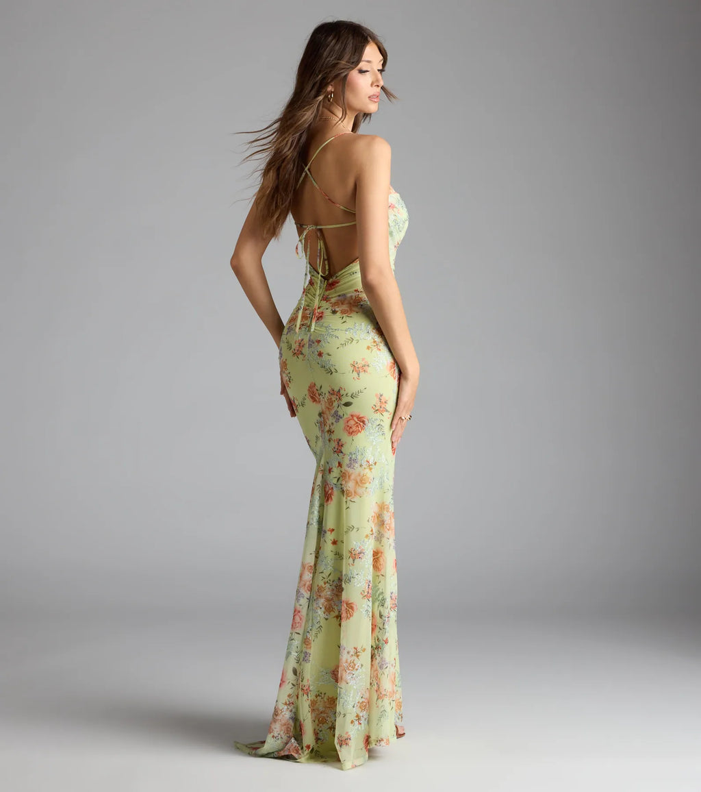 Rosalee Lace-Up Floral Mesh Formal Dress