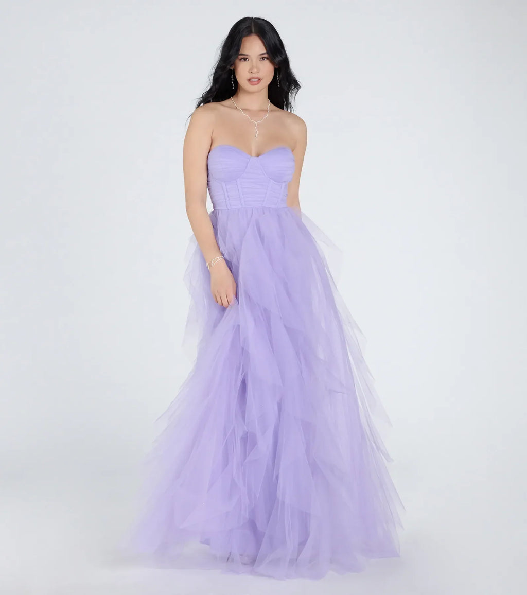 Lindsey Bustier A-Line Ruffle Tulle Ball Gown
