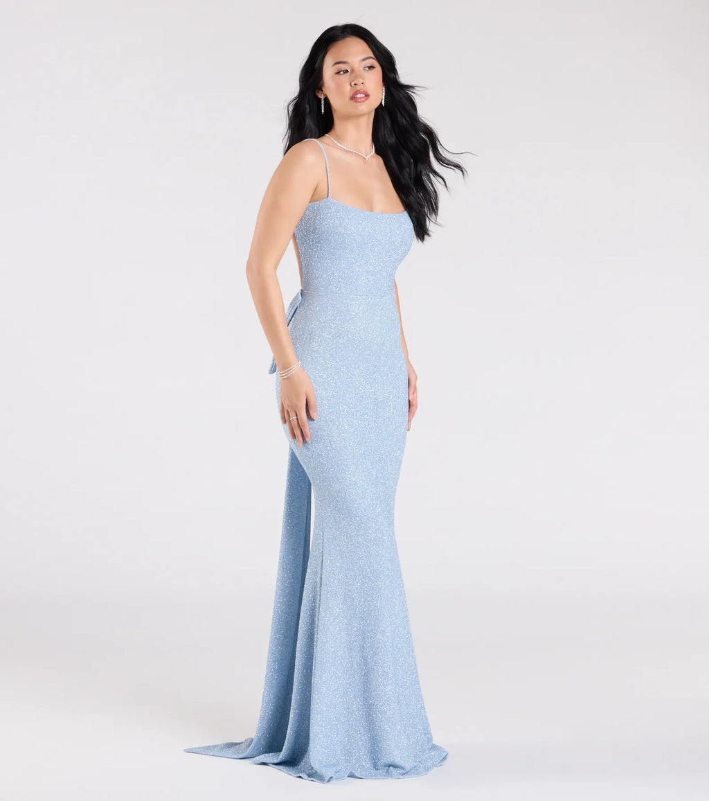 Gwendolyn Glitter Knit Bow-Back Mermaid Dress