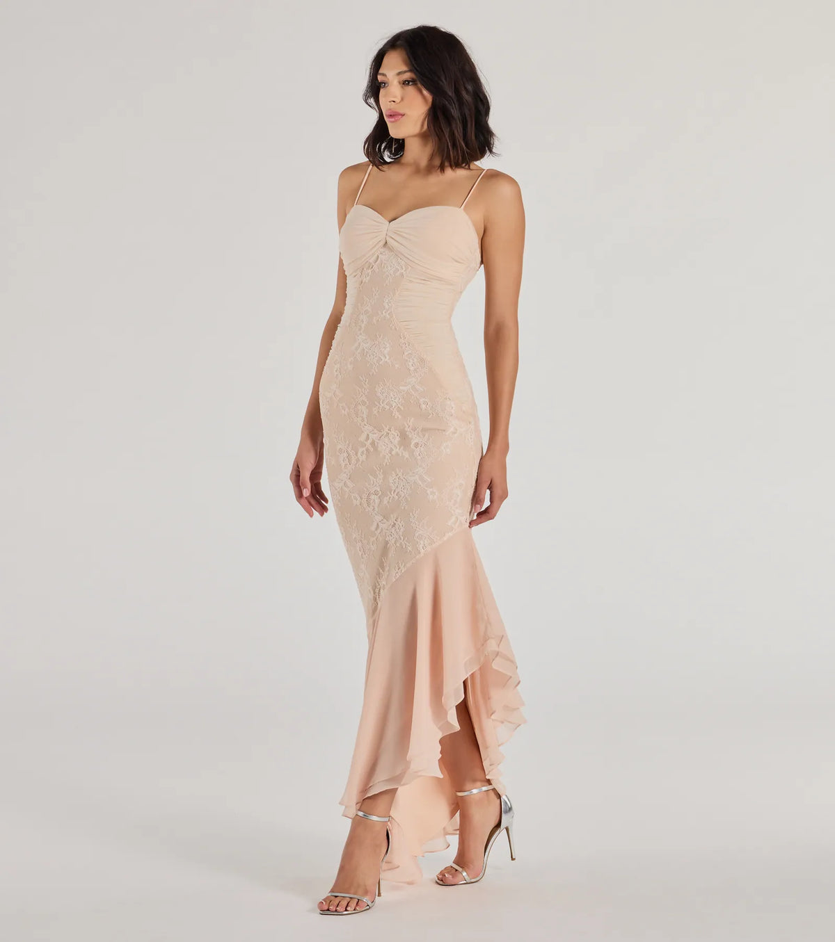 Brinley Lace Chiffon Asymmetric Mermaid Dress