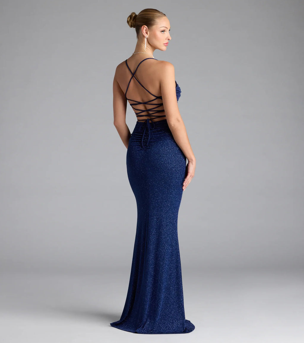 Diane Lace-Up Slit Mermaid Glitter Formal Dress