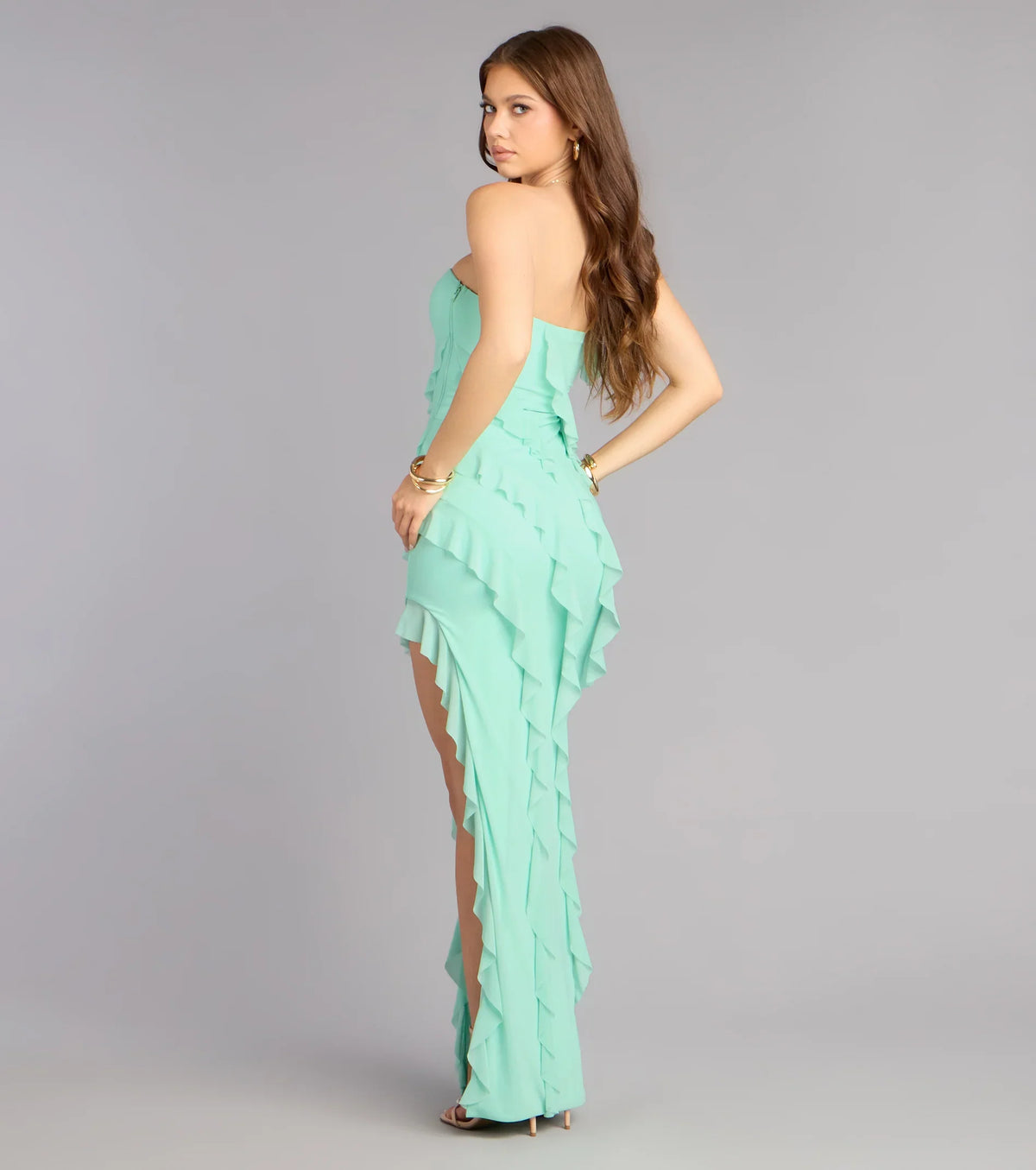 Gabby Formal Mesh Strapless Ruffle Long Dress