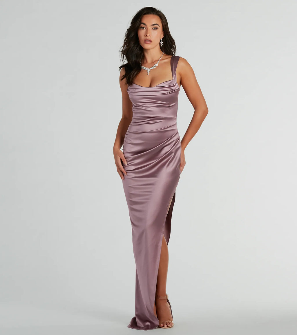 Kirsten Satin Cowl Neck High Slit Formal Dress