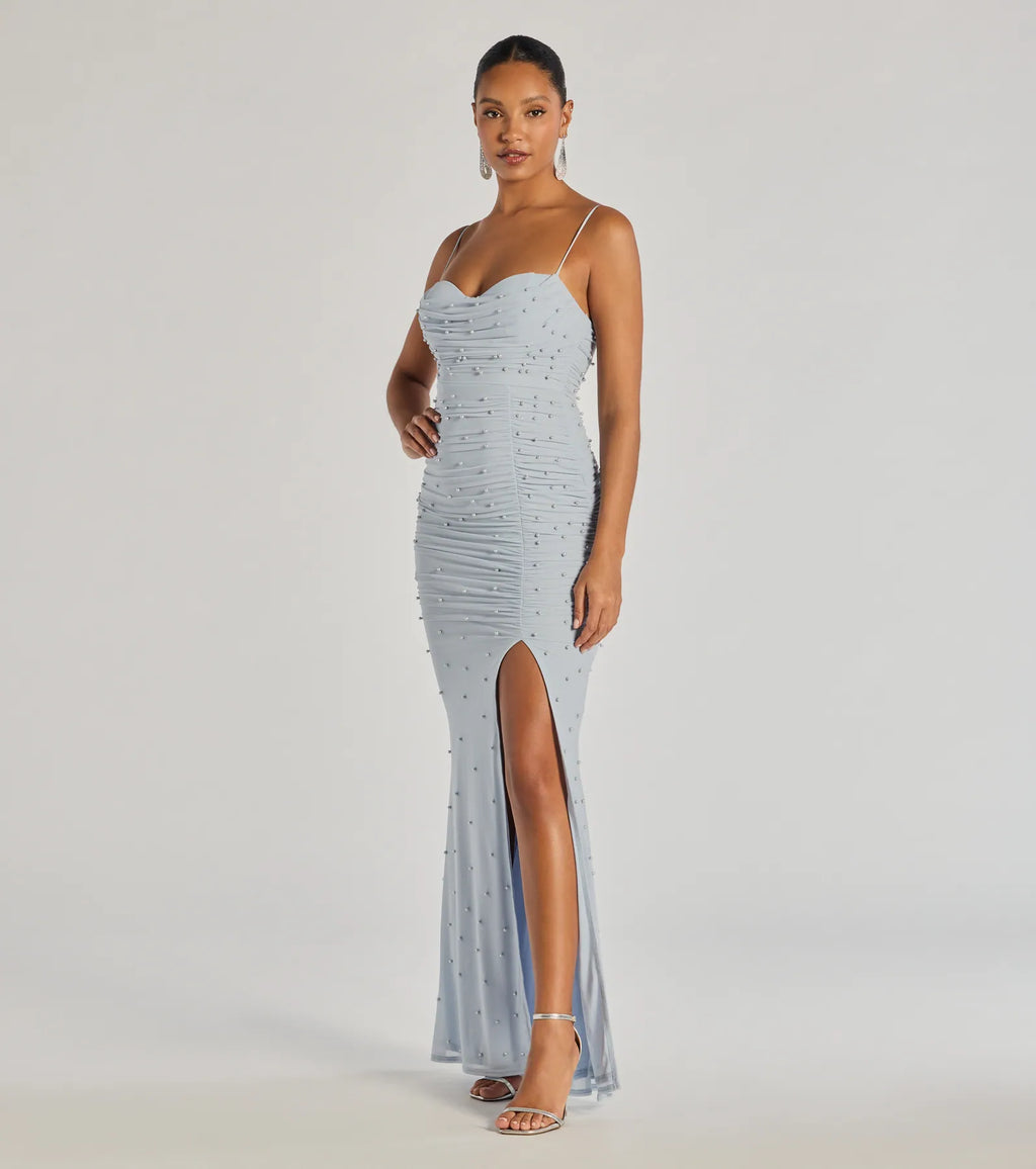 Mellie Faux Pearl Mesh Mermaid Long Formal Dress
