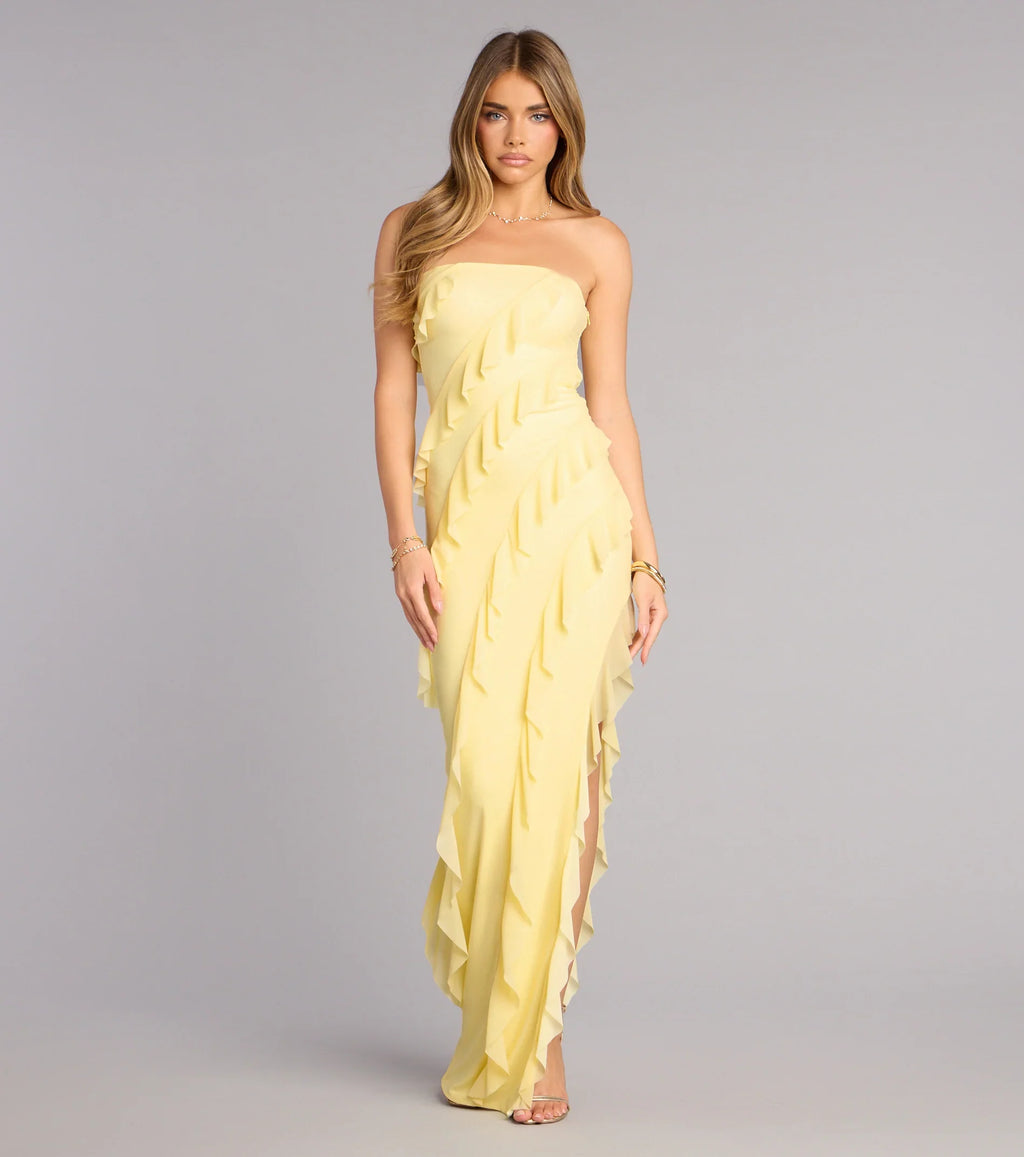 Gabby Formal Mesh Strapless Ruffle Long Dress