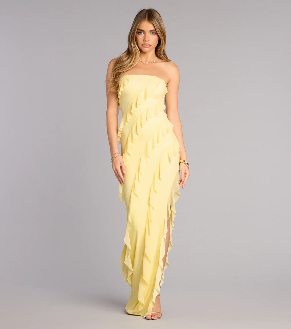 Gabby Formal Mesh Strapless Ruffle Long Dress